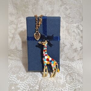 Multi-colored enamel standing Giraffe pendant necklace, brooch/pin, gold tone